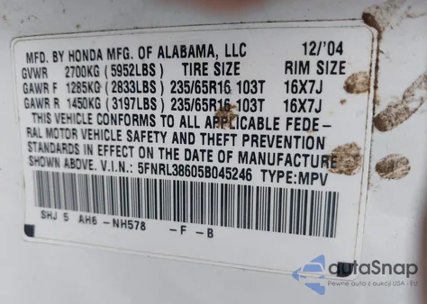 2005 Honda Odyssey Ex-L z USA, uszkodzony, nr VIN 5FNRL38605B045246